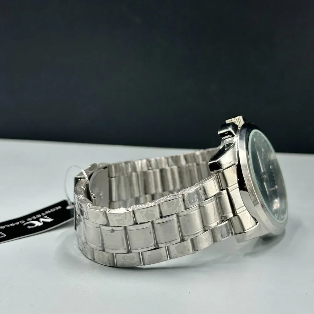Montres Carlo Watch Men Silver Tone Black Dial Round 43MM New Battery 8.25
